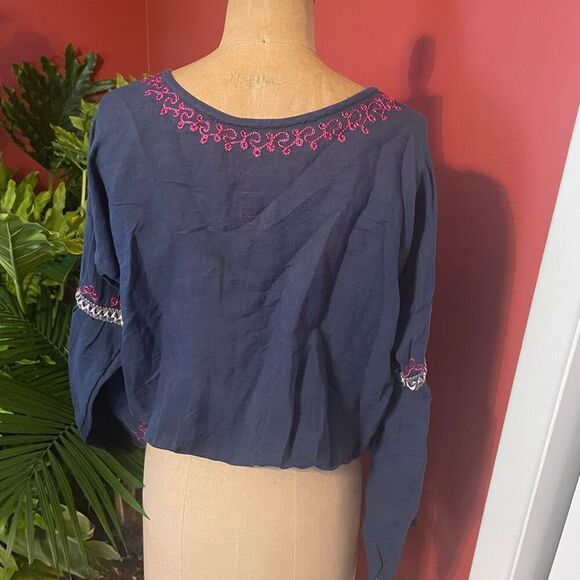 FREE PEOPLE | navy blue embroidered pull over v neck loose long sleeve linen ble - Picture 6 of 9